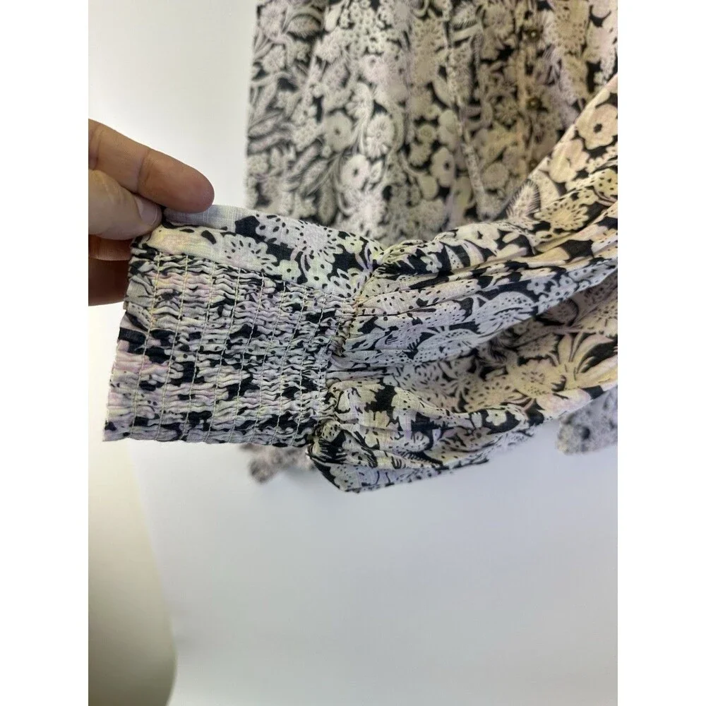 Anthropologie Floral Ruffle Peasant Top Long Puff Sleeves Button Cotton Large